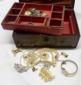 A Rosewood and Brass Strung Box containing various Silver and other Costume Jewellery, Buttons etc