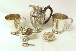 A Mixed Lot: a pair of Elkington Plate Tapering Tankards on round feet, initialled GVB; together