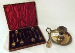 A cased set of six EPNS Teaspoons and Sugar Tongs with pierced detail; together with a Silver Plated