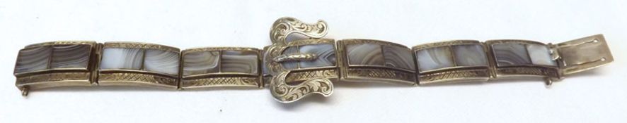 An unmarked white metal and Agate type Panel Bracelet