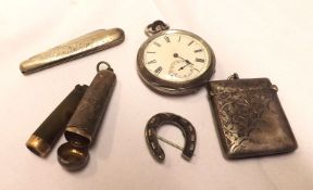 A Mixed Lot: Vesta Case with chased decoration, similar Cheroot Holder, Pocket Watch, Silver Cased