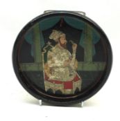 A small Lacquered Dish or Coaster, centre decorated with scene of an Islamic Figure, extensive