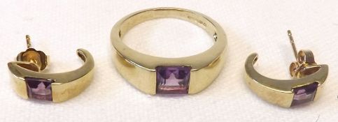 A 9ct Gold hallmarked Amethyst Ring and a pair of matching Earrings