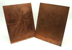 Two Vintage Copper Printers Plaques, one decorated with a scene of figure and horse, the other