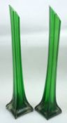 A pair of 20th Century Green and Clear Glass Vases on spreading square bases, 17” high