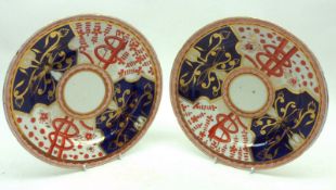 A pair of 19th Century Side Plates, decorated with abstract design in blue, gilt and red, 8”