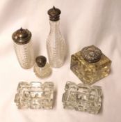 A Mixed Lot: a Clear Cut Glass Condiment Pot with Birmingham hallmarked silver hinged lid;
