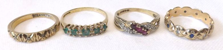 A collection of four various hallmarked 9ct Gold Rings, set with various coloured stones