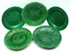 A selection of five 19th Century Green plates, decorated with leaf and vine detail, largest 9”