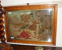 A 19th Century Silk Needlework Picture of Classical Figures harvesting in front of castle ruins,