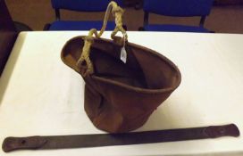 Household Cavalry Horse Feed/Water Canvas Bucket + Leather-handled Brass Horse Grooming Strap