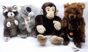 A box of seven Steiff Wild Animals, to include: Gorilla and Baby; Racoon; Koala Bear and Brown Bear