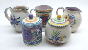 A Mixed Group of Poole Pottery Items: two Preserve Pots and three small Cream Jugs, all decorated