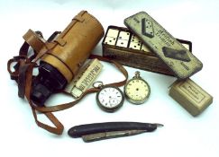 A box of mixed items, to include Cased Set of Dominoes, a Vintage Wray of London Monocular, Pocket