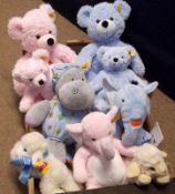 A box of nine assorted Steiff Teddy Bears and Animals to include: Pink and Blue Bears; Hippopotamus;