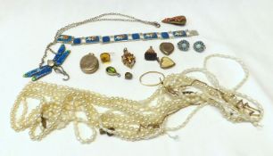 A bag of assorted Jewellery items, including Fresh Water Pearl Enamelled Dragonfly Pendant;