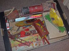 A box containing assorted vintage Toys and Games, to include a Wooden Tri-ang LMS Locomotive on