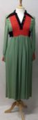 A 1970s Ossie Clark for Radley Moss Crepe long sleeved Day Dress in palette of jade, red and