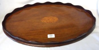 An Edwardian Mahogany Oval Tray with pie-crust edge, inlaid with boxwood and ebonised hatched