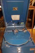An HMV Pale Blue Leatherette Cased Tabletop Wind-Up Gramophone, circa 1920s/30s, 11 ½” wide