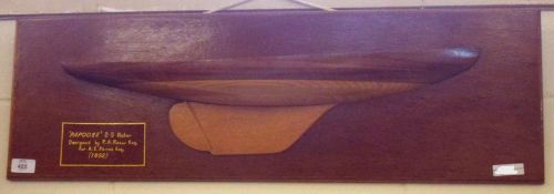 A Wooden Plaque with model of Yacht Papoose 2.5 Rater designed by P A Ralli Esq for A E Payne Esq