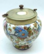 A Fenton China Biscuit Barrel, decorated with sprays of foliage and exotic birds, fitted with silver