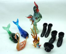 A Mixed Lot comprising: two 20th Century Art Glass Cockerels; two Art Glass Whales; a Swan and two