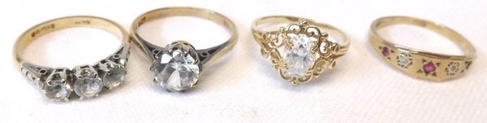 A collection of four various yellow metal Dress Rings, (mainly 9ct but marks worn)