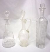 A Mixed Lot: a small 19th Century clear glass handled Spirit Decanter on round spreading foot;