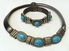 An unusual Designer type Leather Collar with metal and turquoise style mounts; together with a