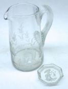 A 19th Century Clear Glass Tapering Water Jug, decorated with an etched design of ears of corn and