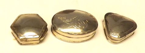 A Mixed Lot of three small Pill Boxes of oval, octagonal and triangular form, decorated with