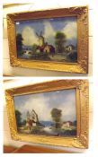 A pair of late 19th/early 20th Century Reverse Painted on Glass Pictures of Riverside Scenes, with
