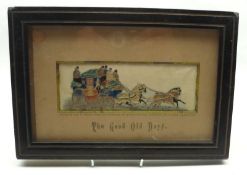 A framed Stevenograph Silkwork Picture, a coaching scene titled “The Good Old Days”, 9” wide