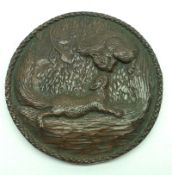 A Bronze Round Circular Plaque 3 ½” diameter, decorated with scene of two squirrels, bears maker’s