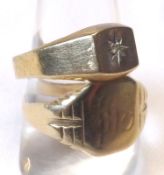 A yellow metal Signet Ring (marks badly worn by probably 9ct), together with a further 9ct Gold