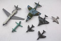 Dinky Toys, small collection of assorted Aircraft to include Harrier No 722; Caravelle SF.210 No
