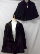 A Victorian Black Beadwork Mourning Cape with ruffled collar; together with a Brown Velvet Cape with