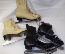 Two pairs of Vintage Ice Skates, a Cream Suede pair of Hamaco Sure Fit with blades by John Wilson,