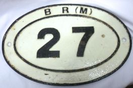 A Vintage British Rail oval Iron Number Plaque 27, marked BR(M), 17” wide