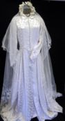 A 1940s Vintage Wedding Dress in Ivory Cream Rayon, with curled feather pattern, covered button