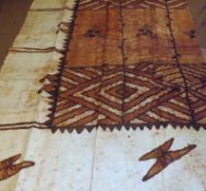 A large piece of Tongan South Pacific Bark Cloth decorated in a traditional design and palette, 102"