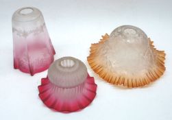 Three assorted early 20th Century Glass Light Shades, two with etched floral detail, largest 8”