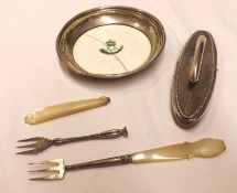 A Mixed Lot comprising: two Pickle Forks with mother-of-pearl handles (one A/F); a small Circular