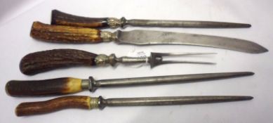 A Mixed Lot of various Carving Implements, all with Horn handles and Silver-plated mounts,