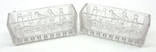 A pair of small Clear Glass Rectangular Vases or Salts, decorated with scenes of bell-ringers