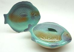 A Shorter & Sons Fish-shaped Covered Tureen, decorated in blue and turquoise; together with six