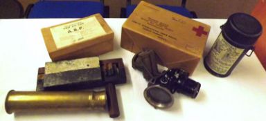 Box: assorted mainly Wartime Items + two Cycle Lamps