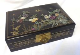 A Modern Oriental Lacquered and Soapstone Inlaid Box with plush-lined interior, 12 ½” wide