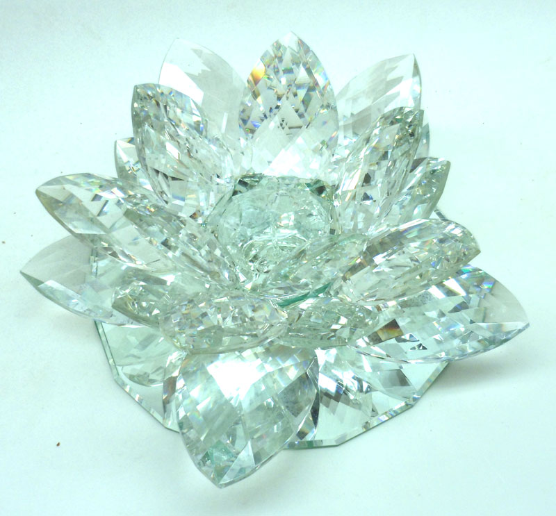 A large 20th Century flower-shaped Clear Cut Glass Candle Holder, Swarovski style, 12” wide